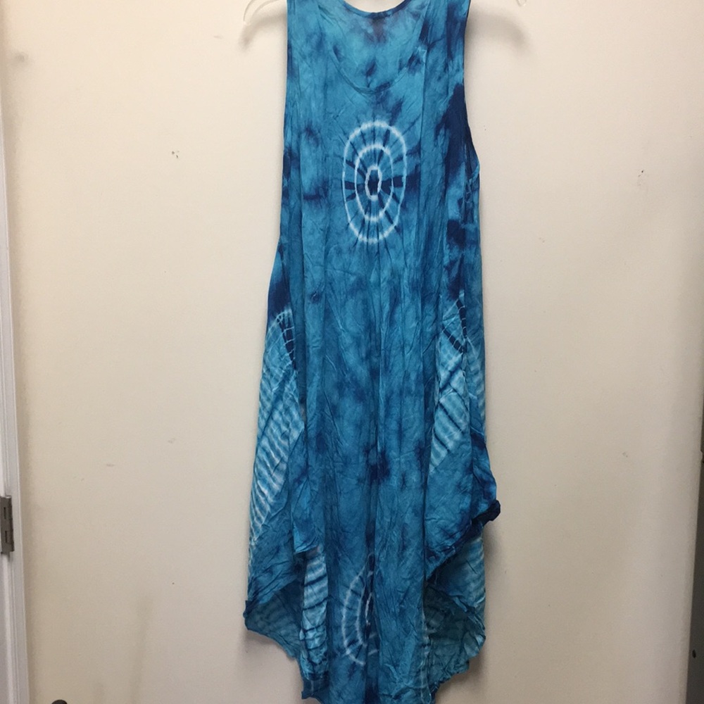 Blue Tie Dye Rayon Below Knee Dress Sz M Sleeveless
